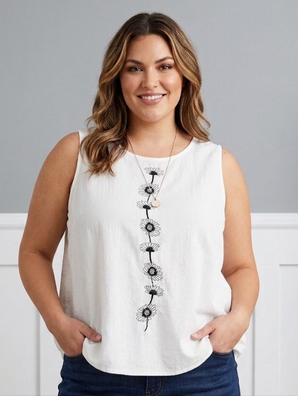 White Sleeveless Top with Daisy Embroidery, Plus Size 5X Fit Smaller